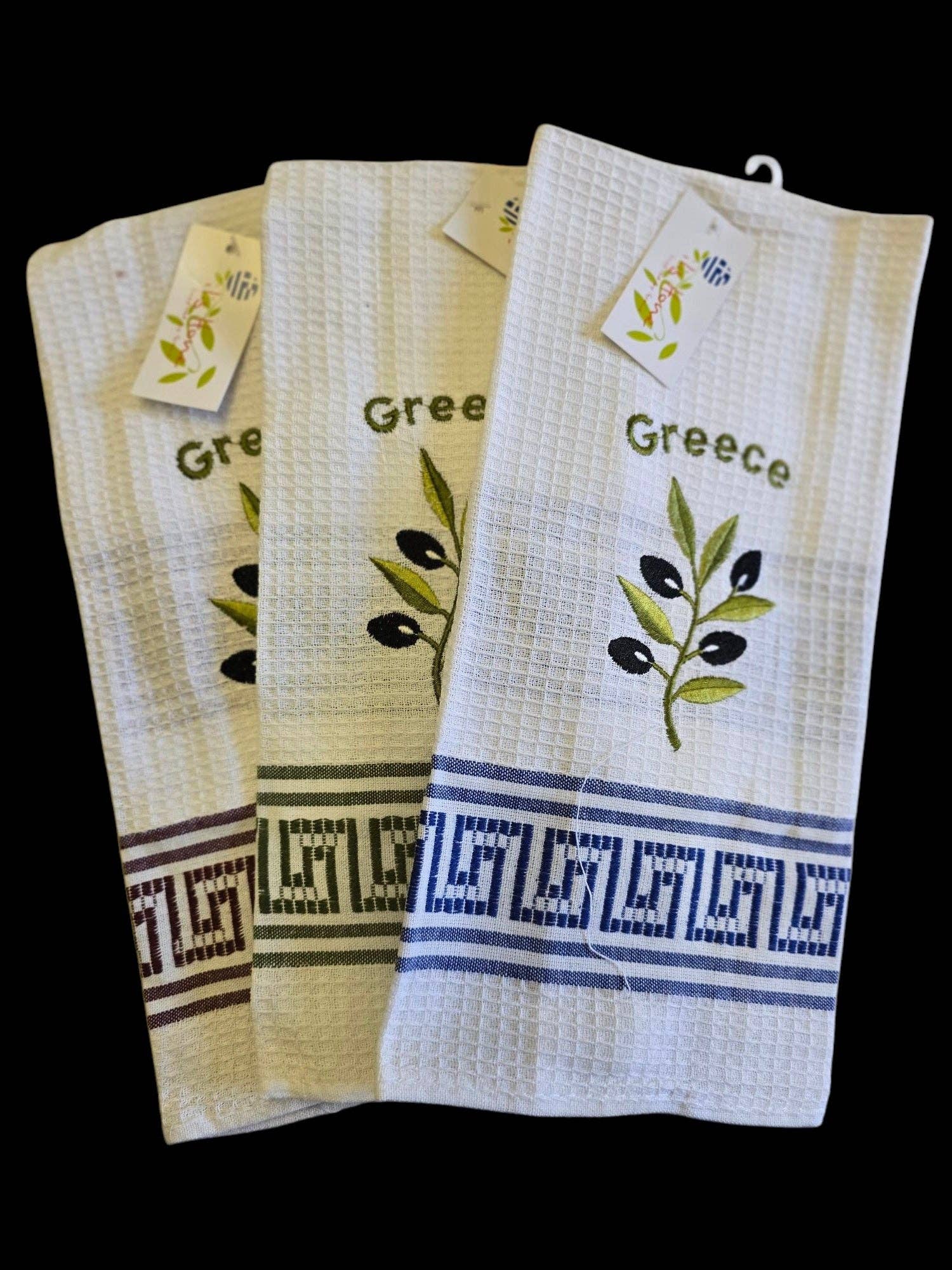 2 Greeks Inc – Großhandel Geschirrtücher – Elegante griechische Küchentücher - 100% Baumwolle mit Olivenzweig-Stickerei und verschiedenen griechischen Schlüsselbordüren2