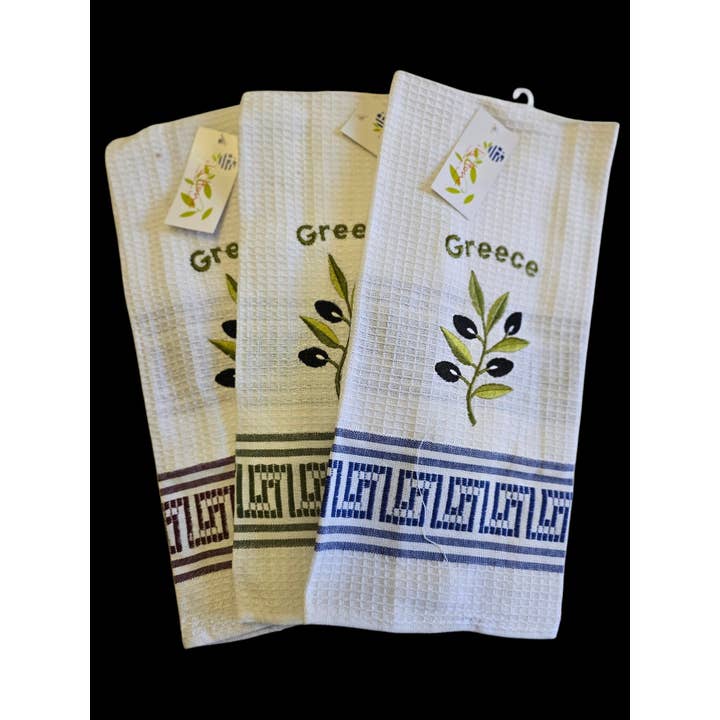 2 Greeks Inc – Großhandel Geschirrtücher – Elegante griechische Küchentücher - 100% Baumwolle mit Olivenzweig-Stickerei und verschiedenen griechischen Schlüsselbordüren2