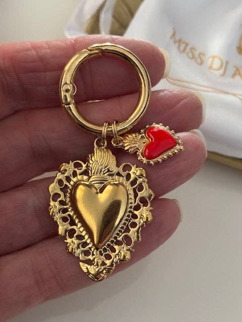 Miss DJ Angel - Wholesale Keychain - Women's - Ex-voto sacred heart charms, ex-voto bag charms, sacred heart charms gift for women, golden and red heart charms.1