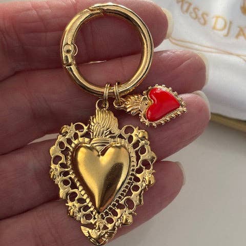 Miss DJ Angel - Wholesale Keychain - Women's - Ex-voto sacred heart charms, ex-voto bag charms, sacred heart charms gift for women, golden and red heart charms.1