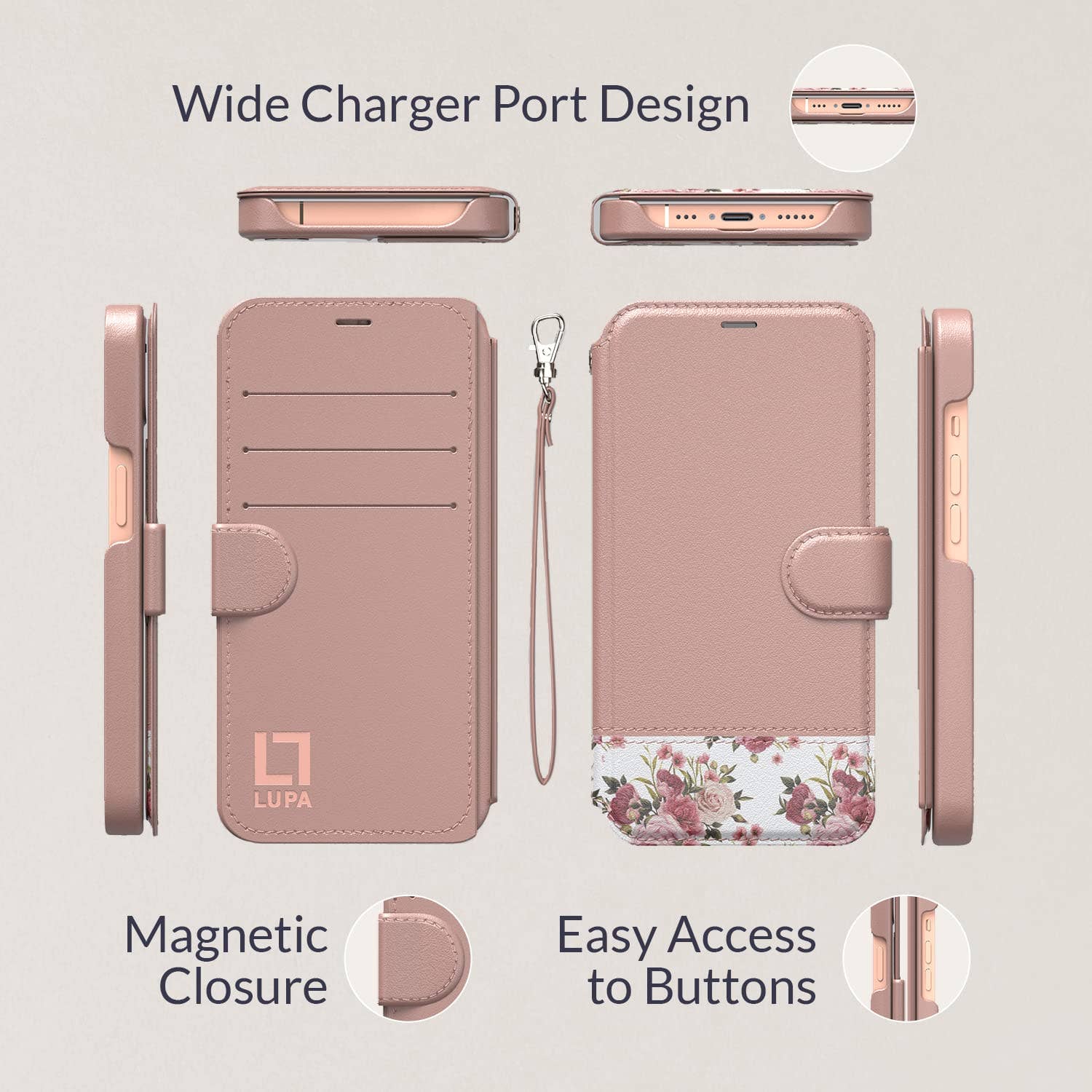 LUPA Legacy - Wholesale Phone Case - Women's - iPhone 15 Pro Max Leather Wallet Case - Floral Charm4