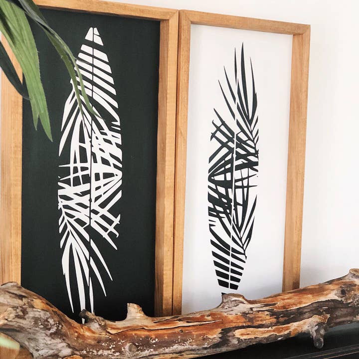 Palm Surfboard Wood Sign in White for wholesale by Southern Mesa Trading Co.