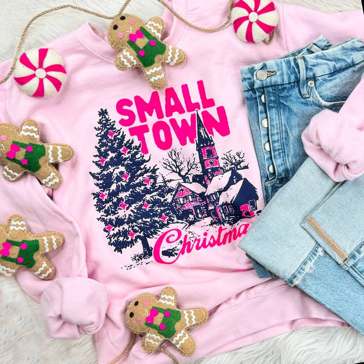 Trendy Tee Co. - Wholesale T-Shirt (Graphic) - Unisex - Small Town Christmas Navy/Pink Sweatshirt1