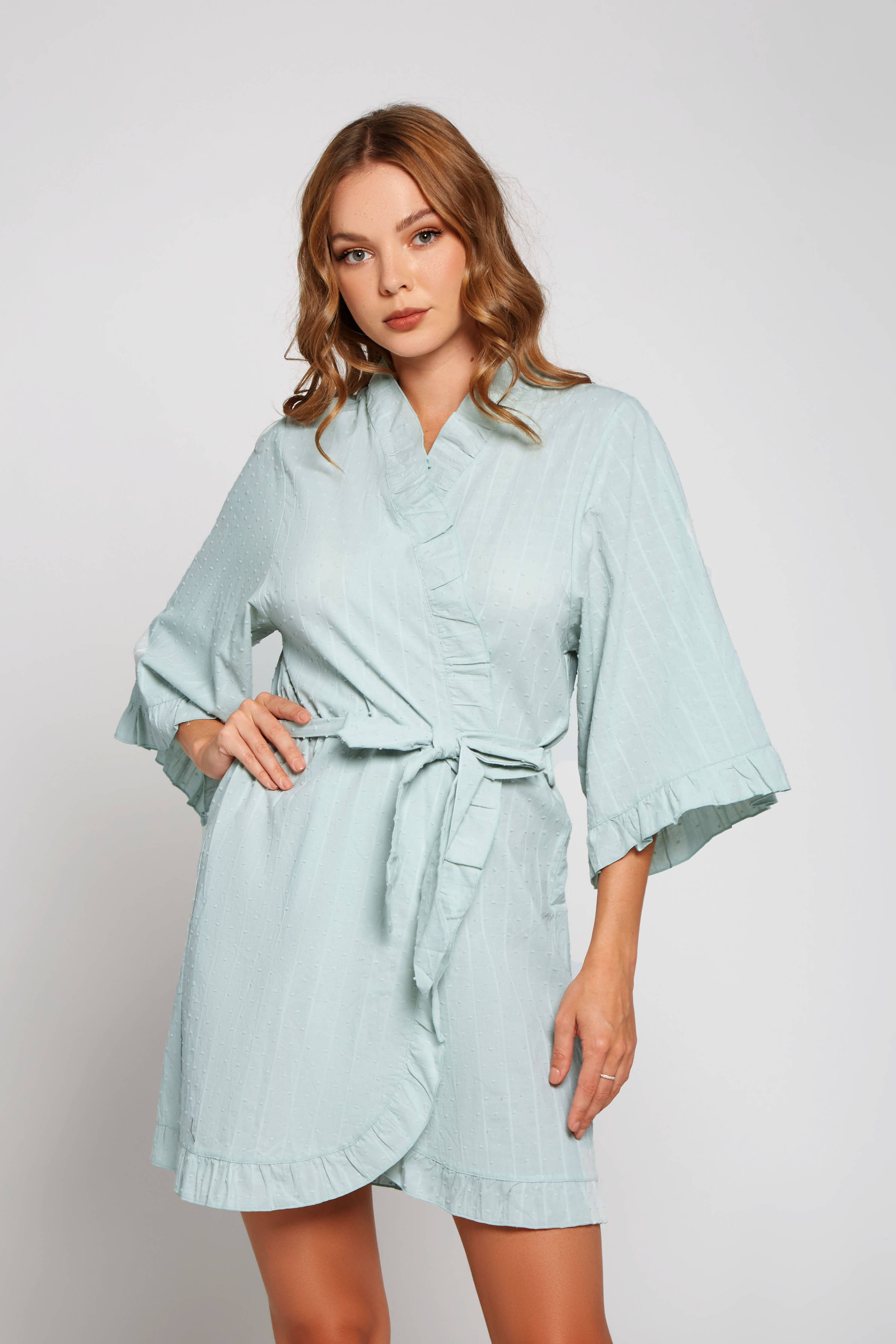 Claire Mint Ruffle Textured Short Robe for wholesale on Faire2