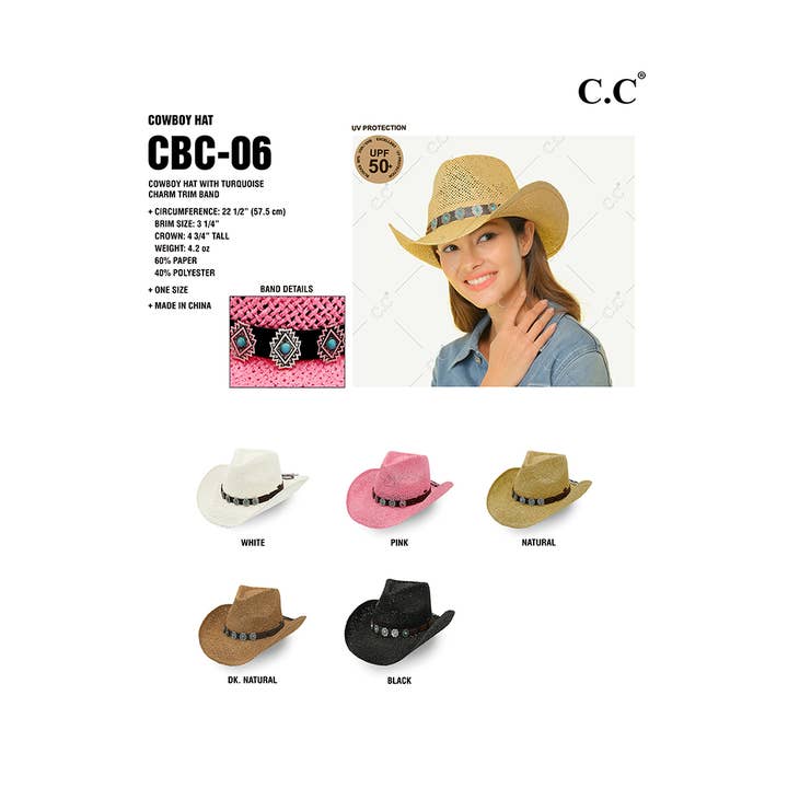 Hana - Wholesale Cowboy Hat - Women's - C.C Turquoise Charm Trim cowboy Hat