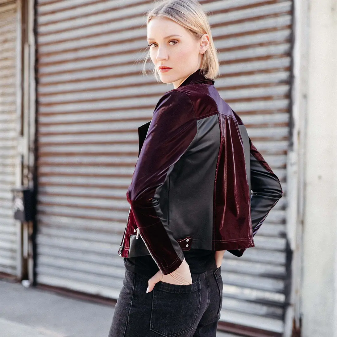 Clara Sunwoo - Wholesale Leather Jacket - Women's - JK225H -Vinyl, Liquid Leather ™ Panel Zip Cuff Pocket Jacket9