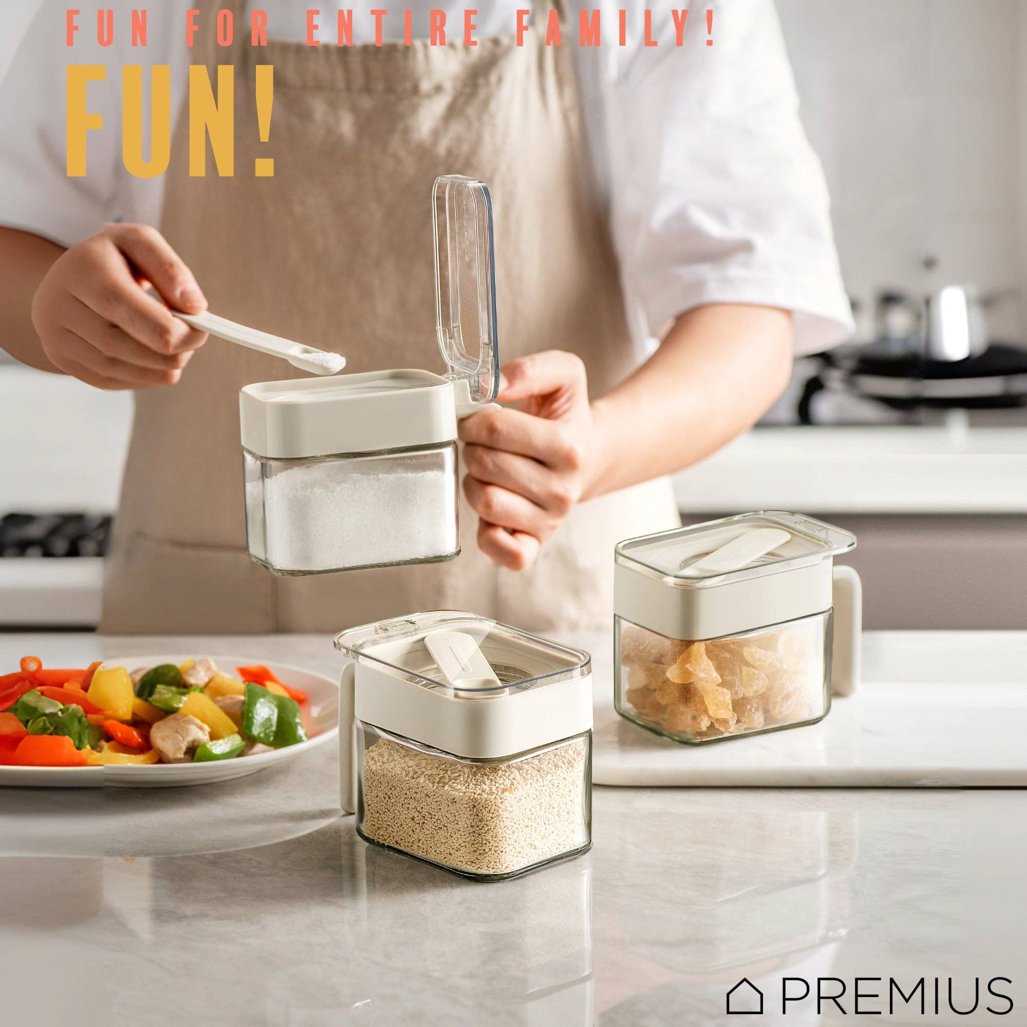 ShopBobbys - Wholesale Jar - PREMIUS Stacking Glass Seasoning Spice Jar with No-Touch Spoon and Lid, White, 10.58 Ounces7