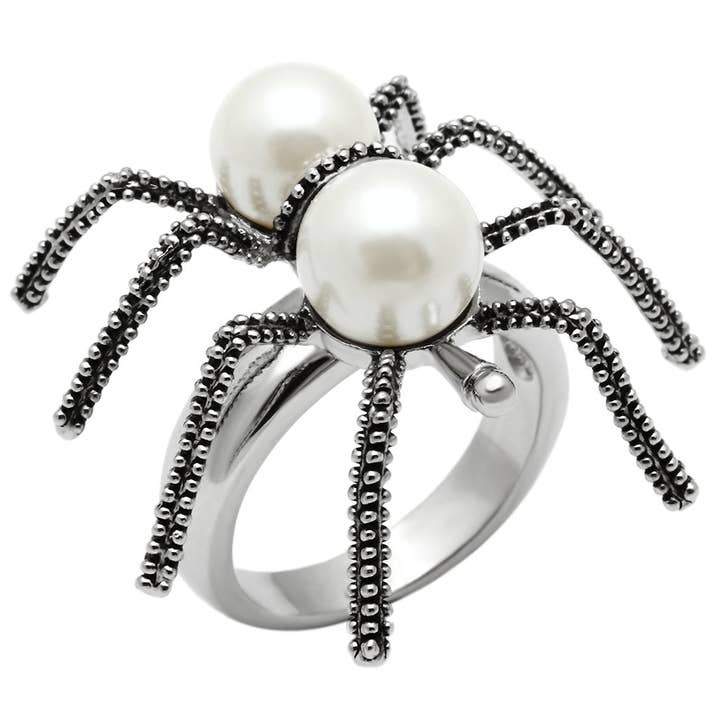 3W226 - Rhodium Brass Ring with Synthetic Pearl in White for wholesale by Alamode