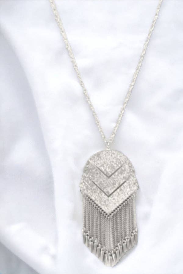 Silver Oblong Chevron Fringe Pendant Necklace for wholesale on Faire1