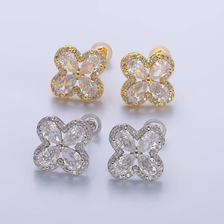 Aim Eternal - Vente Clous d'oreille - Boucles d'oreilles clous en or rempli 24K avec pavage micro CZ en forme de trèfle à quatre feuilles en or et argent | AB688 AB6899