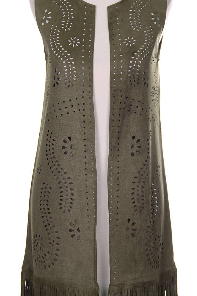 Hana - Venta al por mayor Chaleco de abrigo - Mujer - Chaleco de gamuza cortado con láser con estampado de hojas geométricas21