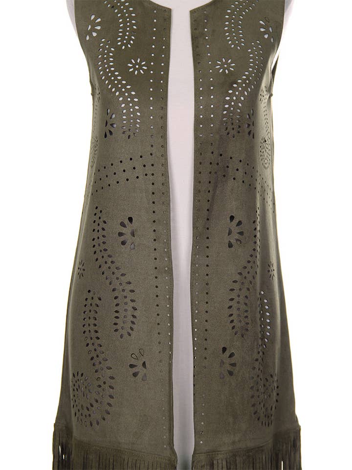 Hana - Venta al por mayor Chaleco de abrigo - Mujer - Chaleco de gamuza cortado con láser con estampado de hojas geométricas21