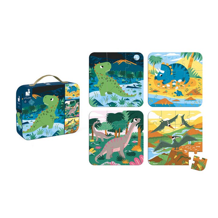 Janod - Wholesale Puzzle - Kids - 4 Progressive Jigsaw Puzzles | Dinosaurs | 6,9,12&16 Pieces