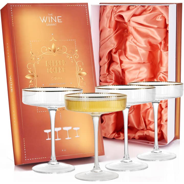 The Wine Savant / Khen Glassware - Wholesale Cocktail/Liquor Glass - Art Deco Gilded Crystal Coupe Glasses, Ribbed - Set of 4