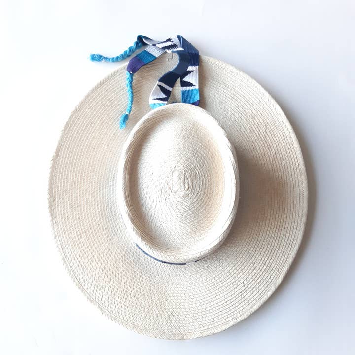 Achiote Guatemalan Goods - Wholesale Boater Hat - Women's - Palm Hat | Classic Structured Wide Brim | Blue & White1