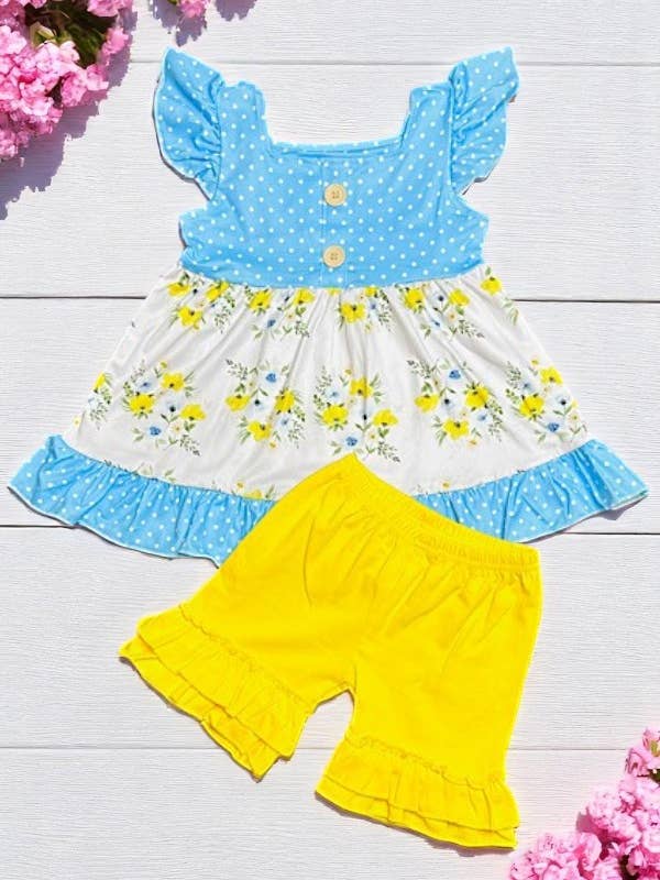 Girls Yellow floral & polka dot ruffle 2pc set 1160WY for wholesale by luluclothes