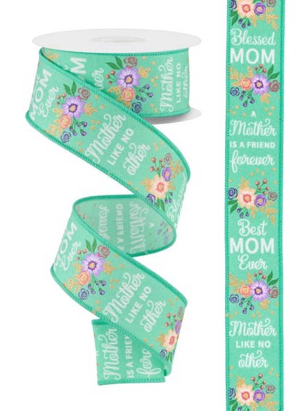 1.5"X10YD FLORAL MOM WREATH, MOTHER'S DAY - DARK MINT, GOLD AND PASTELS - RGE1975AB for wholesale by General Wholesale Inc