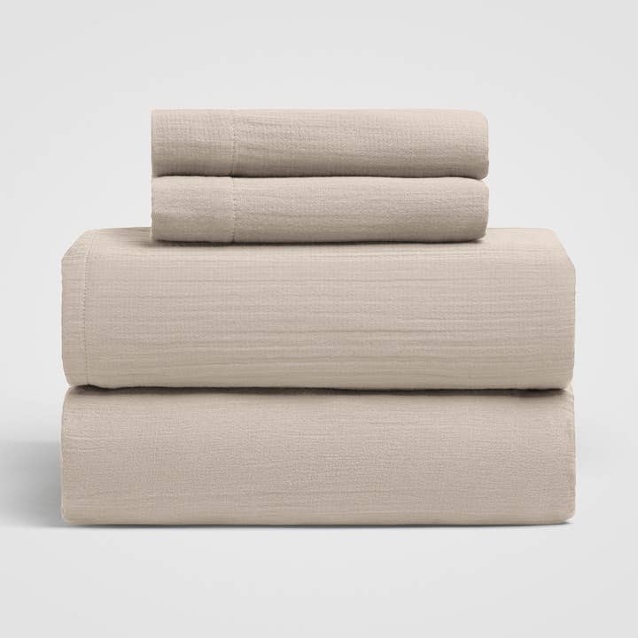 Calm Crinkled Comfort 4-Piece Cotton Sheet Set (Fog Gray) for wholesale by Crane Home