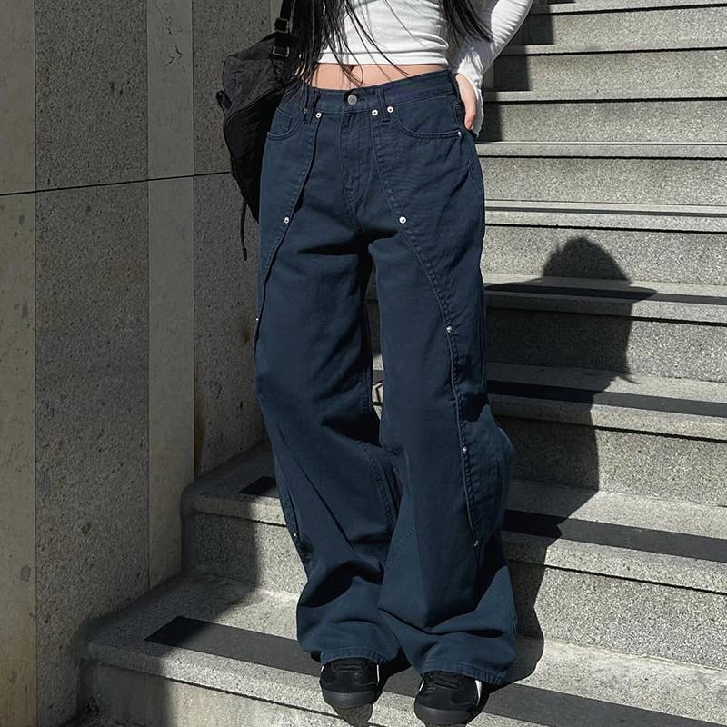BLUE RIVET SPLIT LOW-RISE BAGGY DROP WIDE-LEG JEANS for wholesale on Faire1