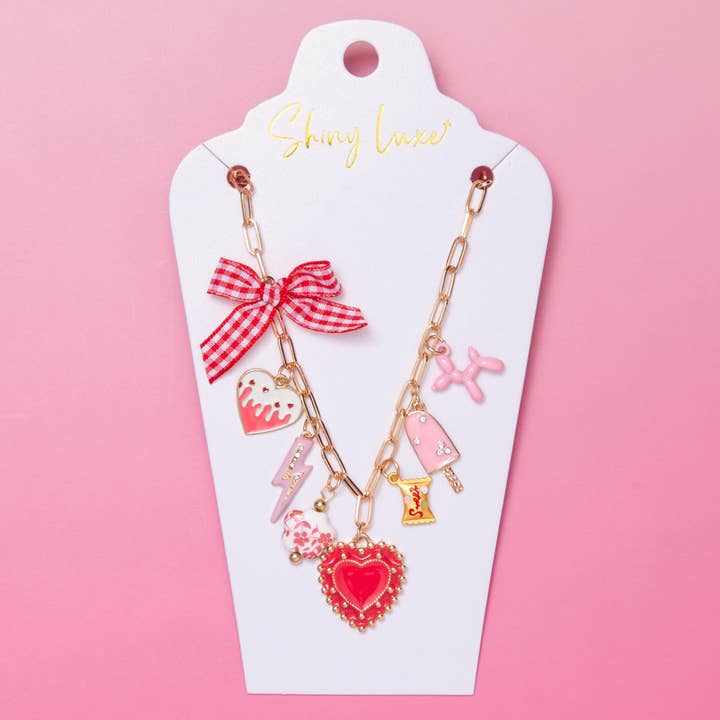 Sweet Charm Necklace with Gingham Bow and Assorted Pendants for wholesale by SP Sophia Collection