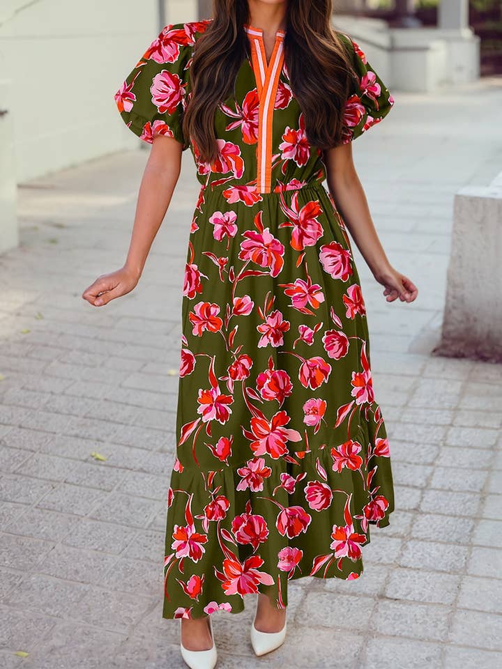 Floral Split Neck Short Puff Sleeve Ruffle Hem Maxi Dress for wholesale by 1 the Woman