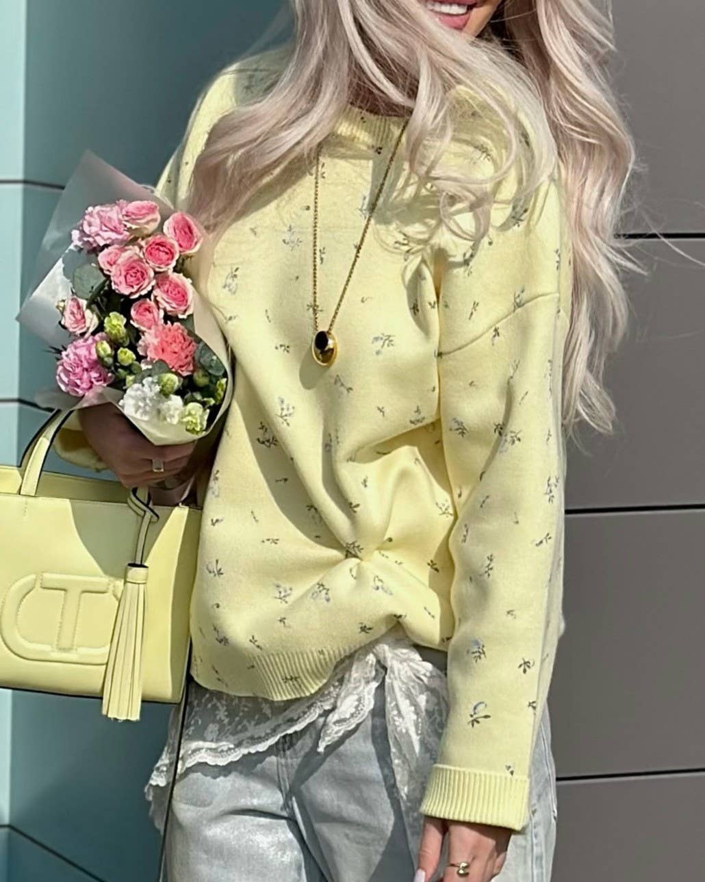 Yellow Cozy Floral Round Neck Loose Knit Sweater for wholesale on Faire2