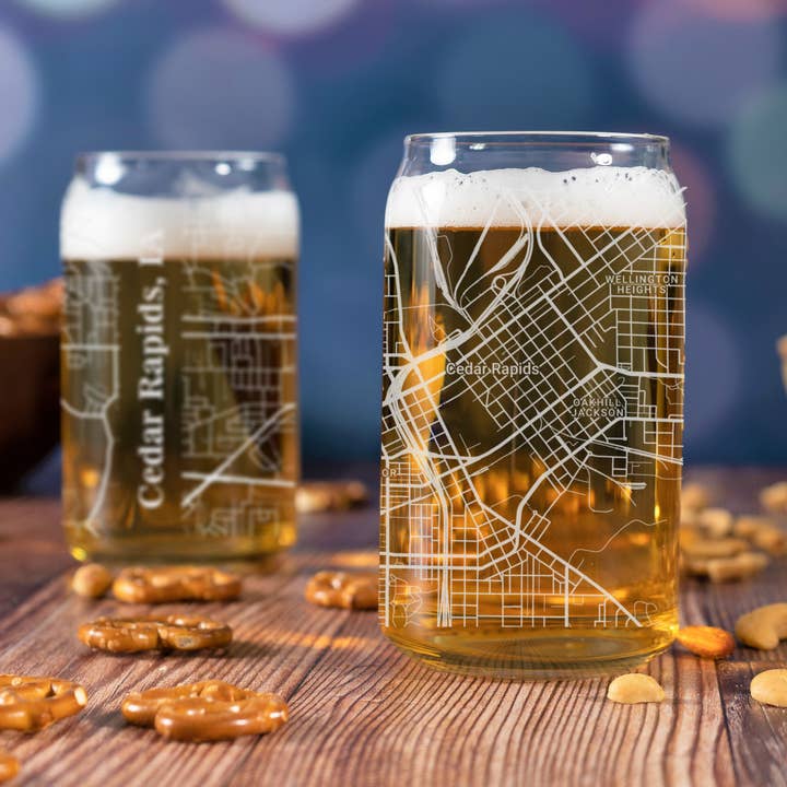 Cedar Rapids IA - Street Map - Engraved Beer Can Glass for wholesale by Blue Ridge Mountain Gifts