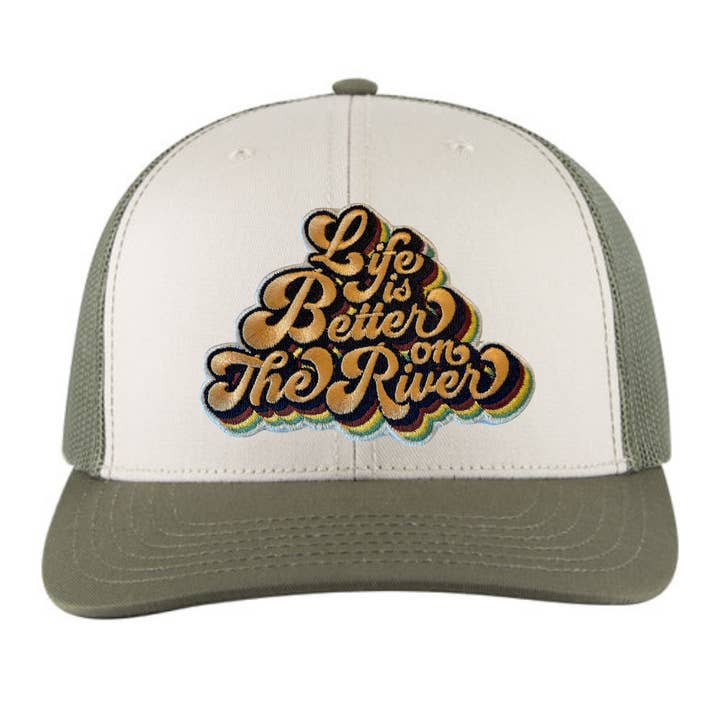 Trucker Hat- Life is Better on the River Patch for wholesale by Spruce Seed