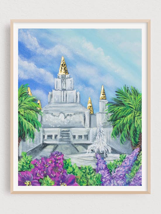 Impression du temple Sunny Oakland LDS pour la vente par Cynthia Klumpp Art