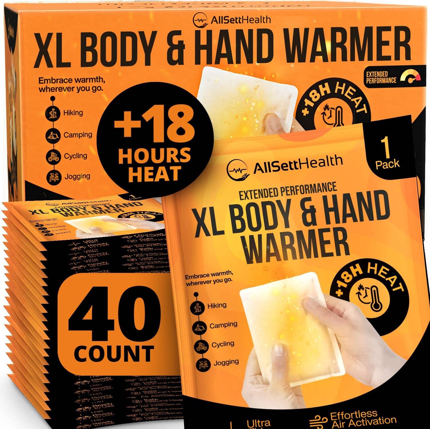 AllSett Health - Wholesale Hand Warmer - Natural Large Hand & Body Warmers 40 Pairs - Air Activated 18 Hours of Consistent Natural Heat Handwarmers Bulk - Disposable Quick & Easy Activation | Portable Odor-Free Warmth for Hands0