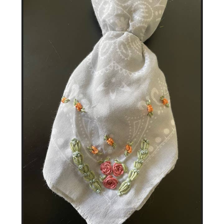 Little Lamb Designs - Wholesale Bandana - Women's - Tan/Green/Stone Blue/Gray Bandana With Floral Embroidery