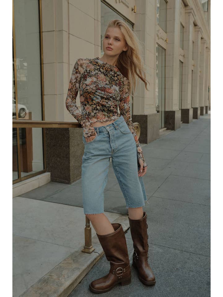 BLACK Floral Mesh Long-Sleeve Mock Neck Top for wholesale on Faire1