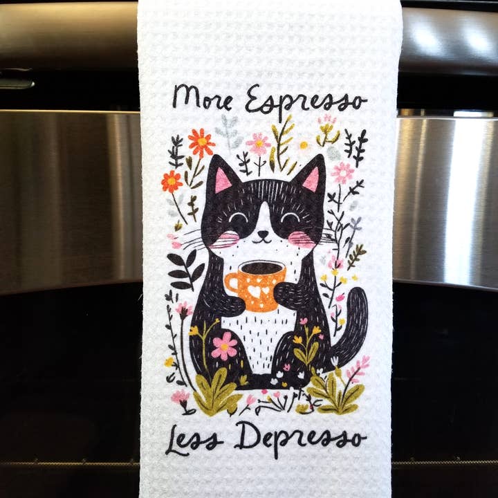 Firefly Paper Studio, LLC - Wholesale Tea Towel - More Espresso Less Depresso Tea Towel2