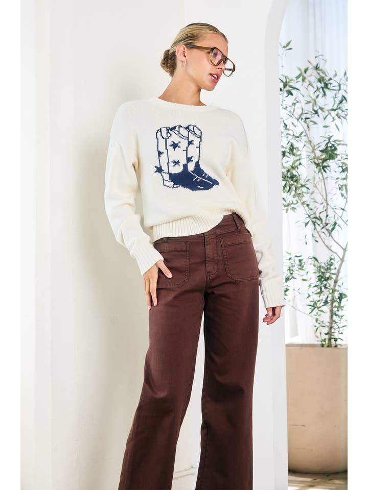 CREAM Western Boot Motif Sweater - RSW1091 for wholesale on Faire2