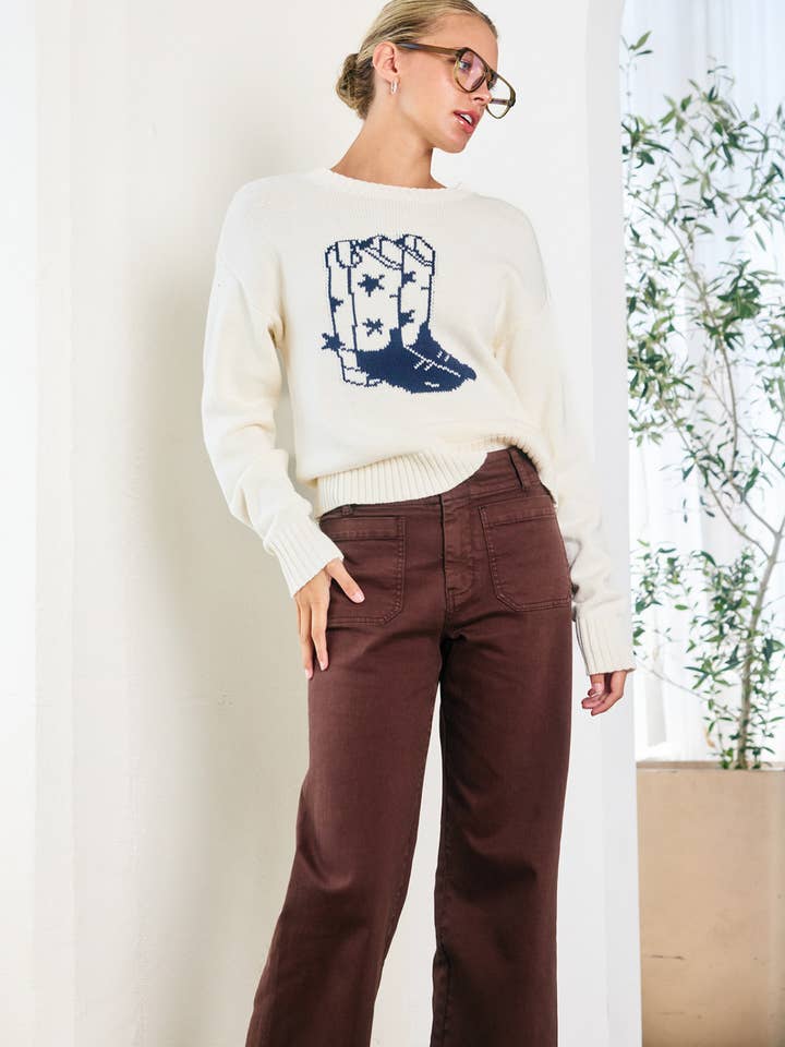CREAM Western Boot Motif Sweater - RSW1091 for wholesale on Faire