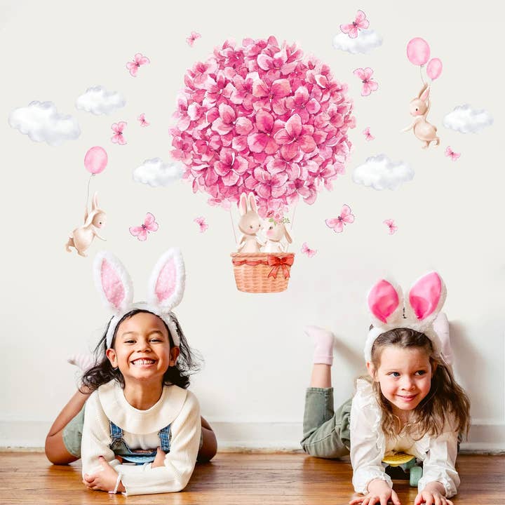 WallKoala - Wholesale Wall decal/stickers - Bunny in Flower Balloon Wall Decal - Floral Surrounding, Watercolor Style - Girls' Room Decor - BR3203