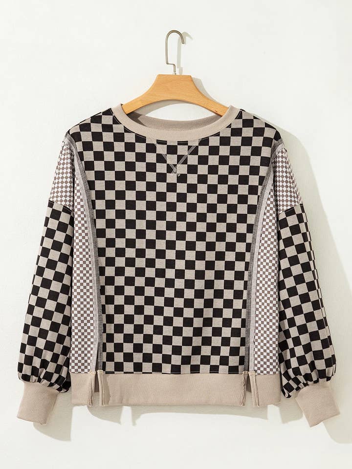 Kaki Haut décontracté à motif patchwork à carreaux mixtes, asymétrique. en vente sur Faire1