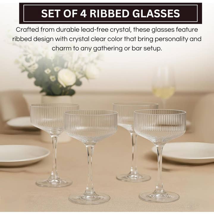 The Wine Savant / Khen Glassware - Wholesale Wine Glass - Vintage 4 Pcs Ribbed Coupe Glasses, 11 oz 100% Crystal Coupe2