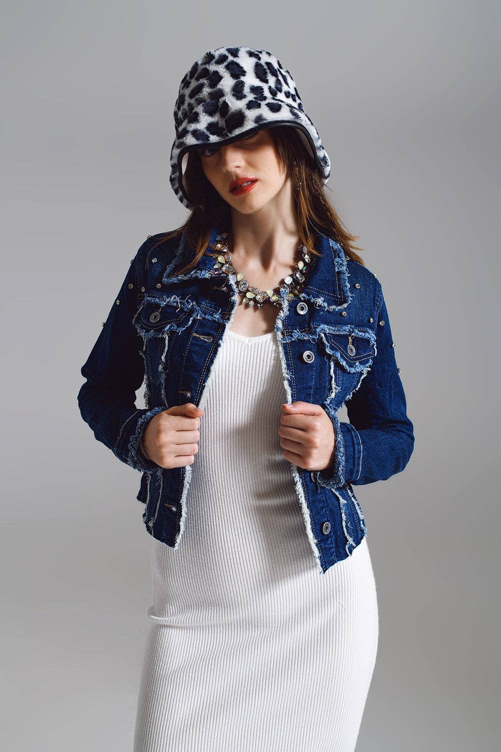 Blue Denim jacket with frayed and embroidered details in Midwash for wholesale on Faire5