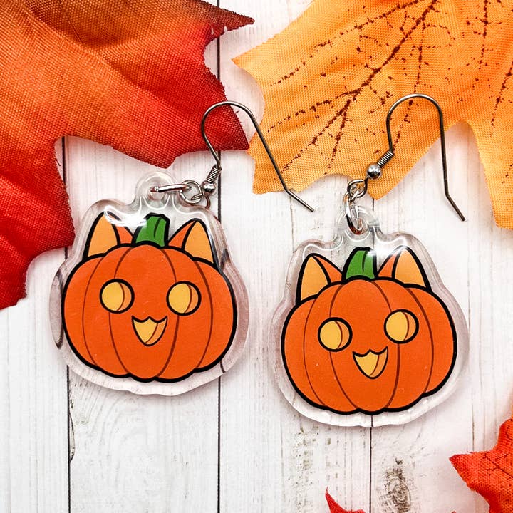 Pumpkin Cat Earrings for wholesale by Geekly Whimsical