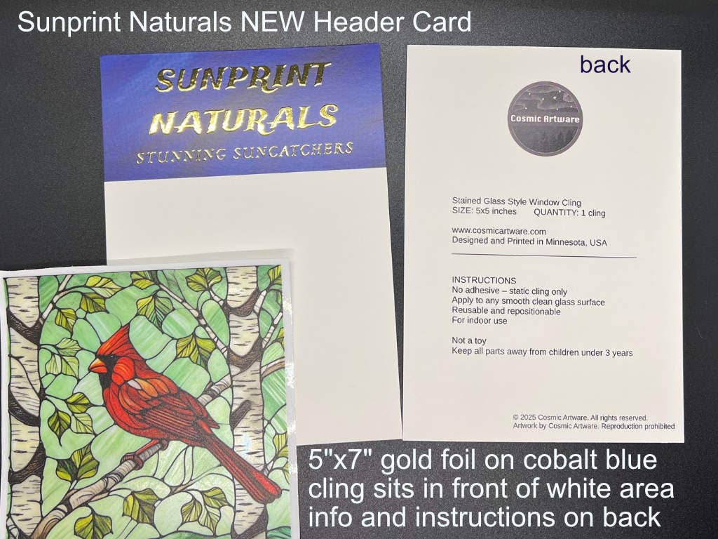 Cosmic Artware - Wholesale Suncatcher - Cardinal on Birch – 5x5” Stained Glass Vinyl Window Cling2
