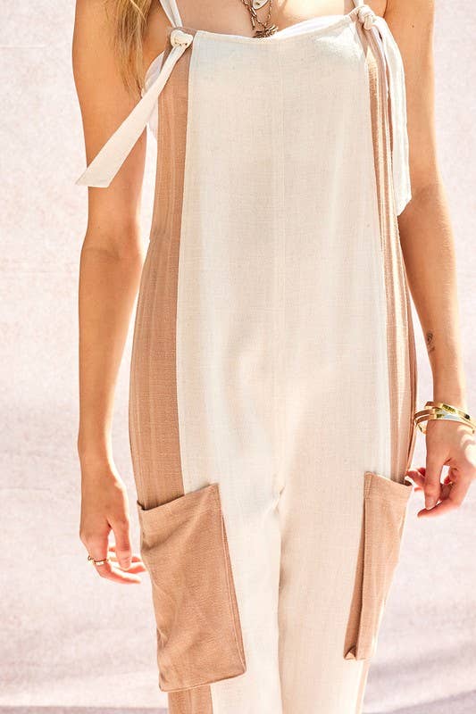 Natural Latte Linen Contrast Side Overall Jumpsuit for wholesale on Faire6