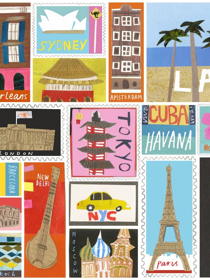 Travel Stamps Square Print, travel print for wholesale by Stella Isaac Illustration