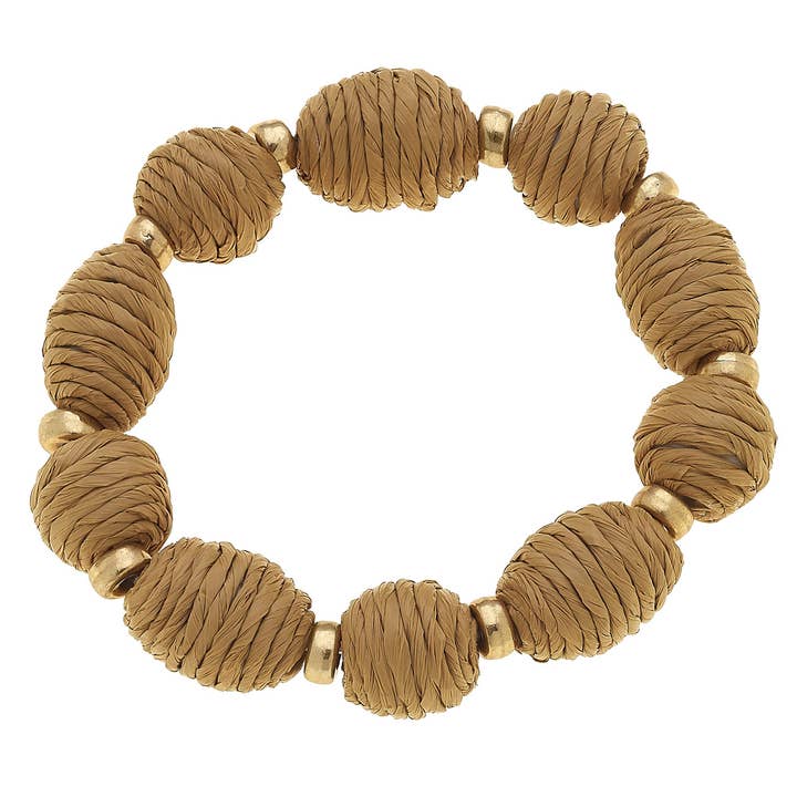 Natural Mickey Raffia Beaded Stretch Bracelet for wholesale on Faire