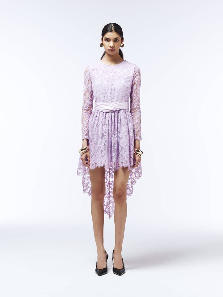 Floral Lace Satin Waistband Mini Dress in Lavender Purple for wholesale by SOUR FIGS LONDON