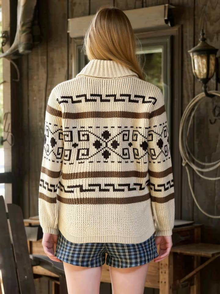 Vintage Western Aztec geometric jacquard zip-up knit sweater for wholesale by Rosa Clothing