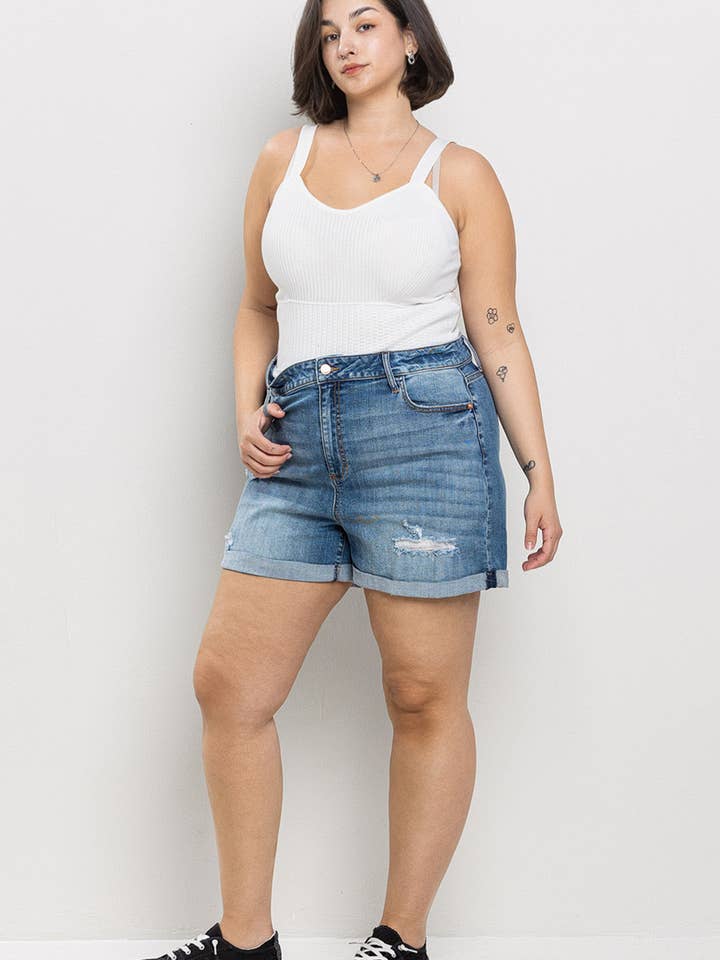 Sneak Peek - Wholesale Shorts - Women's - MID RISE PLUS TOMBOY DENIM SHORTS & CUFF HEM SP-S7389M-PL