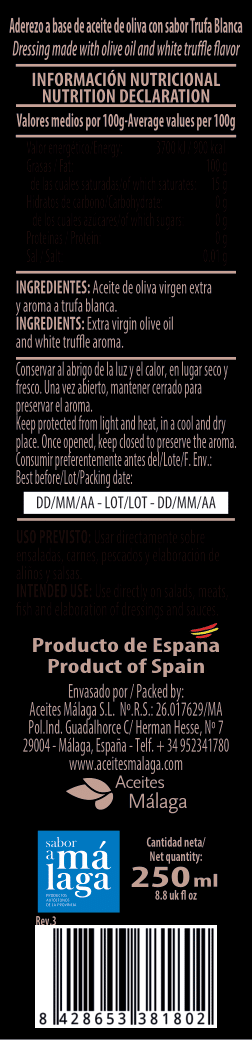 Aceites Málaga SL - Vendita all'ingrosso Olio d'oliva - Olio Extra Vergine d’Oliva con Aromi di Tartufo Bianco La Flor de Malaga Crist 250 ml6