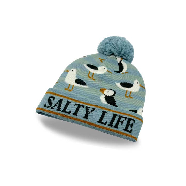 Northern Icons Creations INC - Vente Bonnet – femme - Bonnet à pompon tricoté Salty Life Puffin & Seagull – Chapeau d'hiver océan côtier2