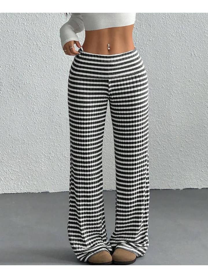 HIDDENBRAND - Wholesale Pants - Women's - Turn-up folded waist striped bootcut knit pants4